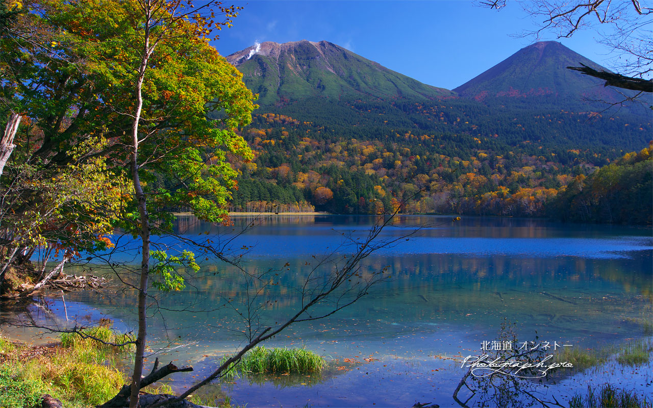五色の湖と阿寒岳 壁紙