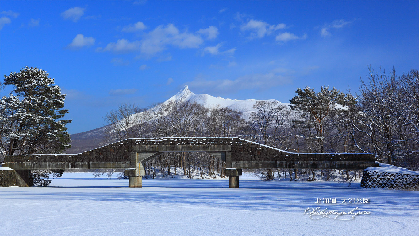 大沼公園金波橋と駒ヶ岳 壁紙