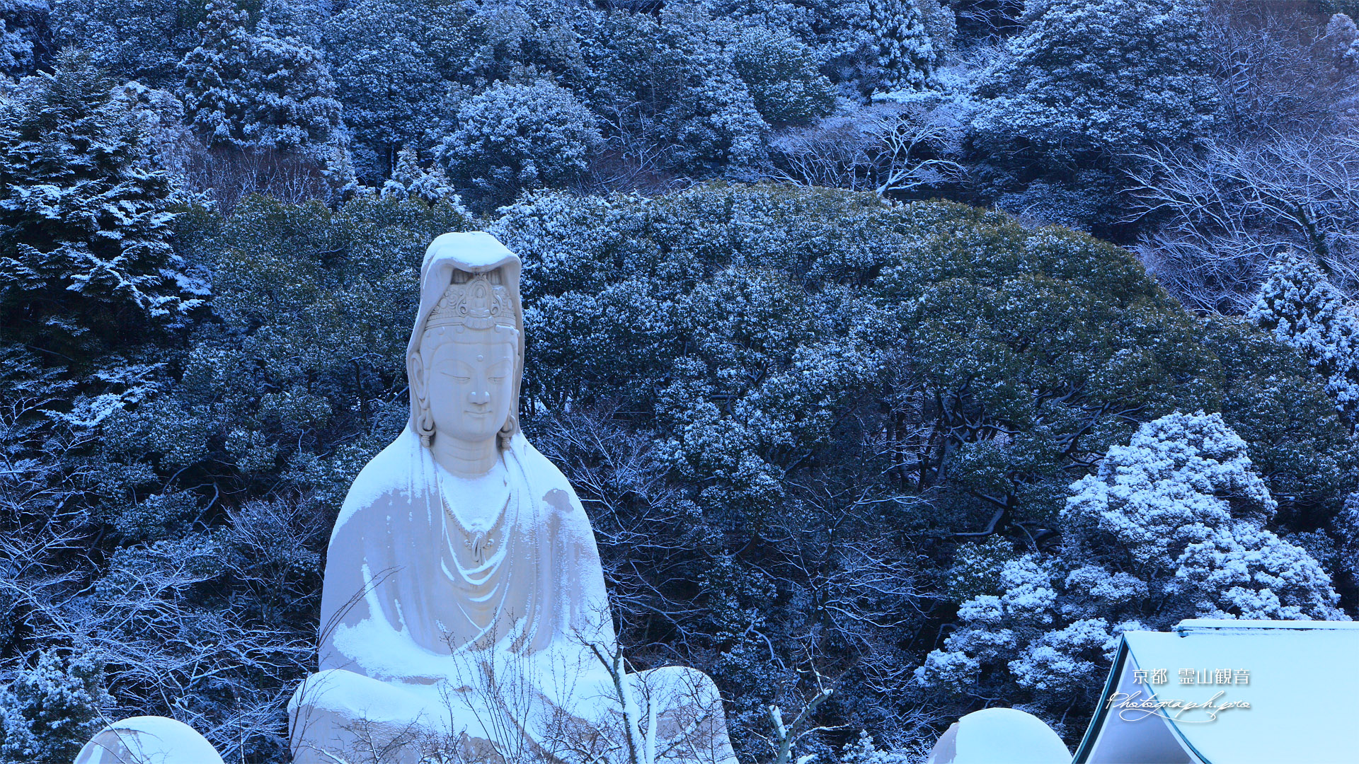 霊山観音 雪化粧の白衣観音像