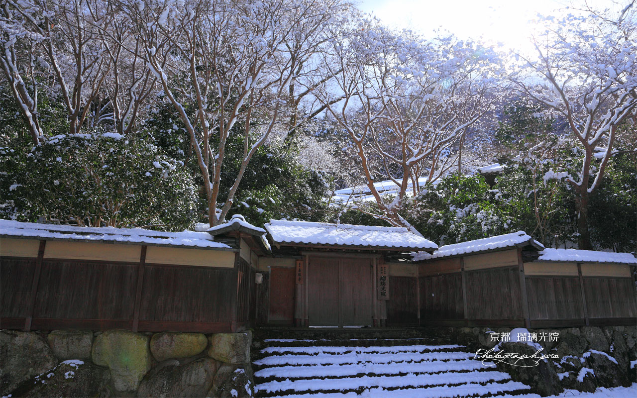雪化粧した瑠璃光院山門 壁紙