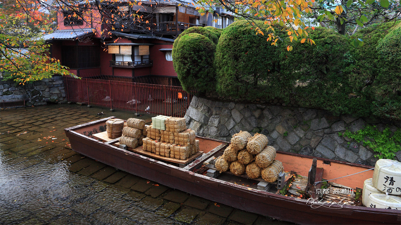 高瀬川 一之舟入の桜紅葉と高瀬舟 壁紙