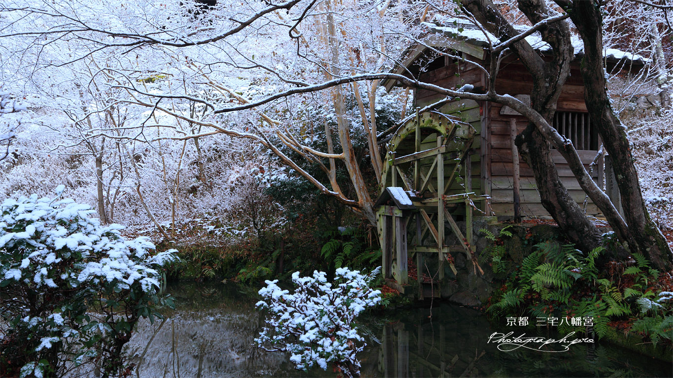 三宅八幡宮 雪化粧の水車小屋 壁紙