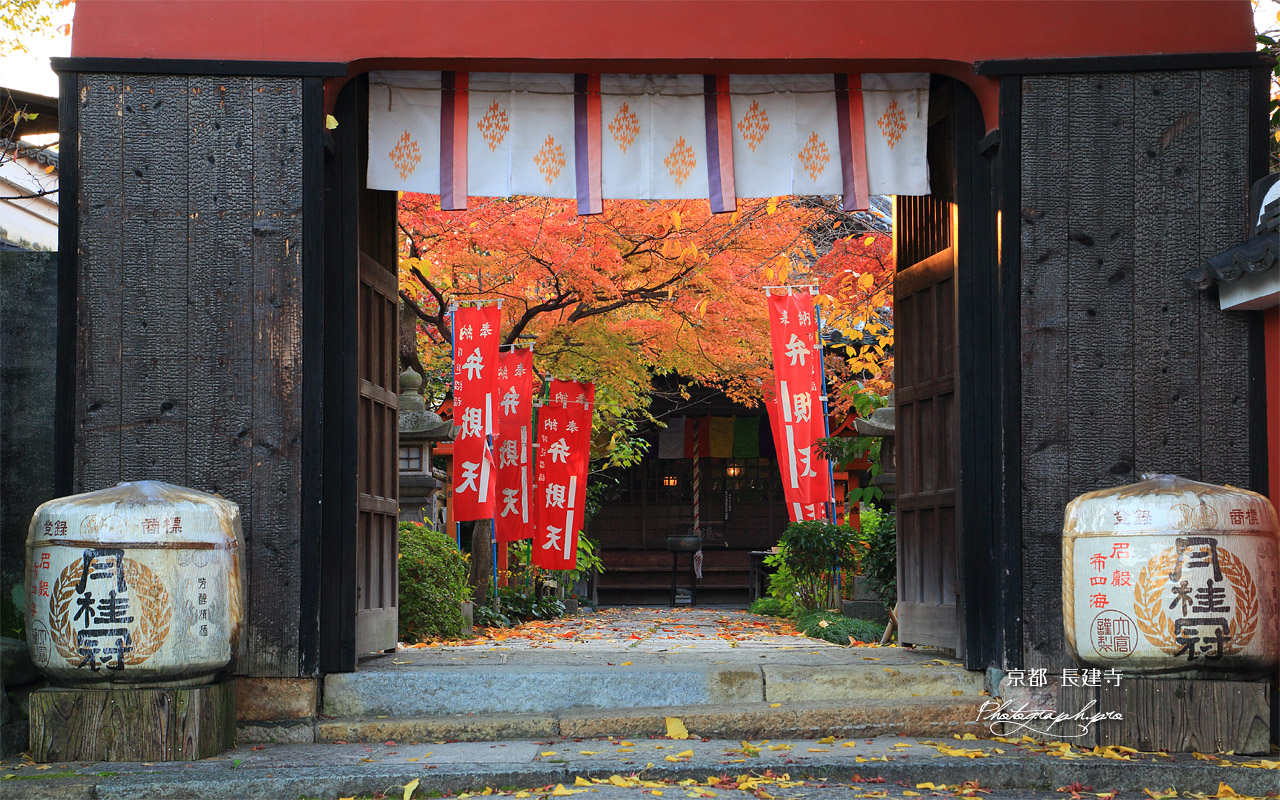 長建寺 山門越しの紅葉と本殿 壁紙