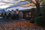 月桂冠大倉記念館 中庭の桜落葉と酒桶