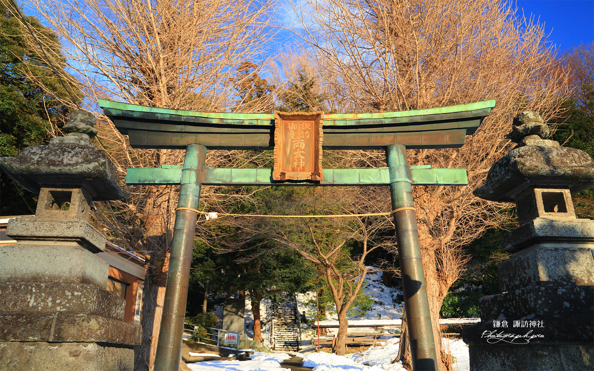 鎌倉 諏訪神社鳥居越しの雪参道