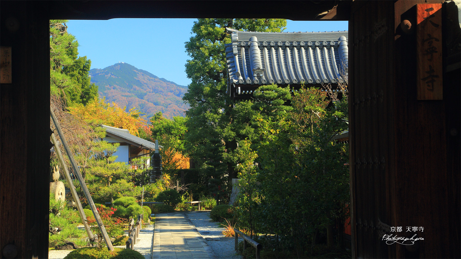 天寧寺 額縁門越しの雑木紅葉の比叡山